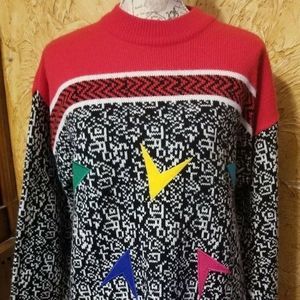 VTG 80s 90s Sweater Colorful Red One Step Up Geo